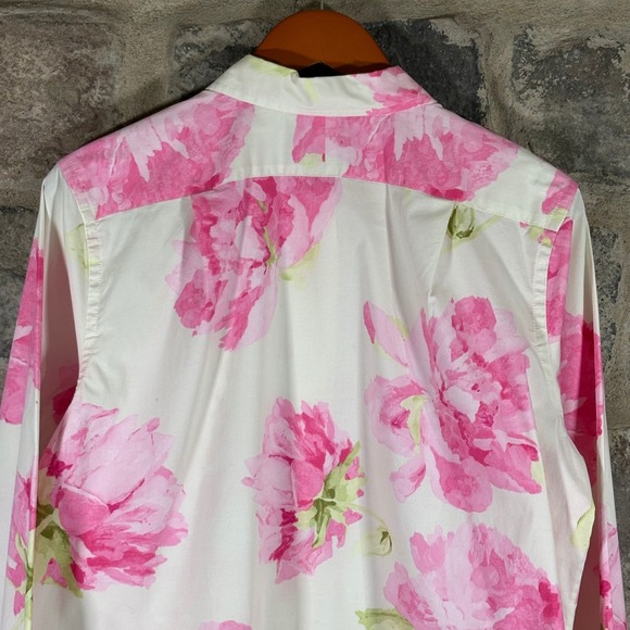 Liz Claiborne Floral Button Up Shirt XL Pink White Cotton Blend Casual Top Work - Picture 5 of 12